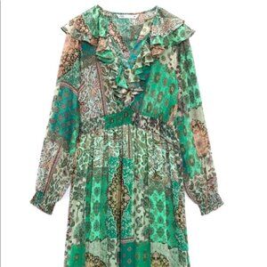 ZARA PATCHWORK Green Chiffon Maxi Dress - Long Sleeves - Size XS
